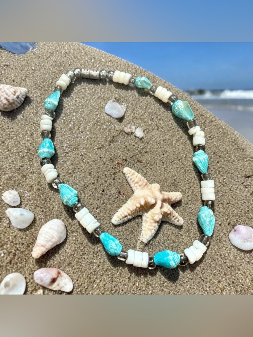 🏷️‼️5/$25🏷️‼️🐚Handmade Turquoise Shell & White Puka Bead Shell Anklet/EUC🐚